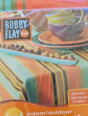 NEW IN PACKAGE Bobby Flay  Green & Coral Striped Indoor/Outdoor Tablecloth 60X84
